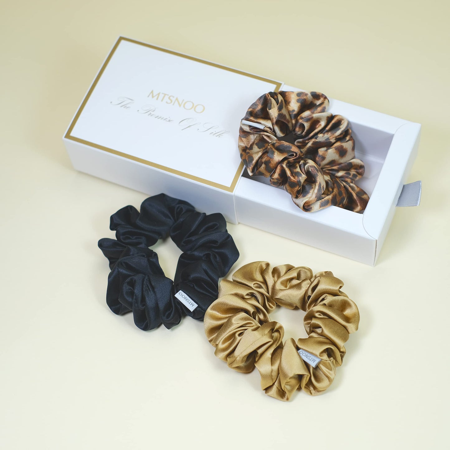 MTSNOO 100% Pure 22 Momme Mulberry Silk Scrunchies for Hair Sleep with Elastic Band - 3 Pack Curly Hair Ties Ropes Set for Women and Girls