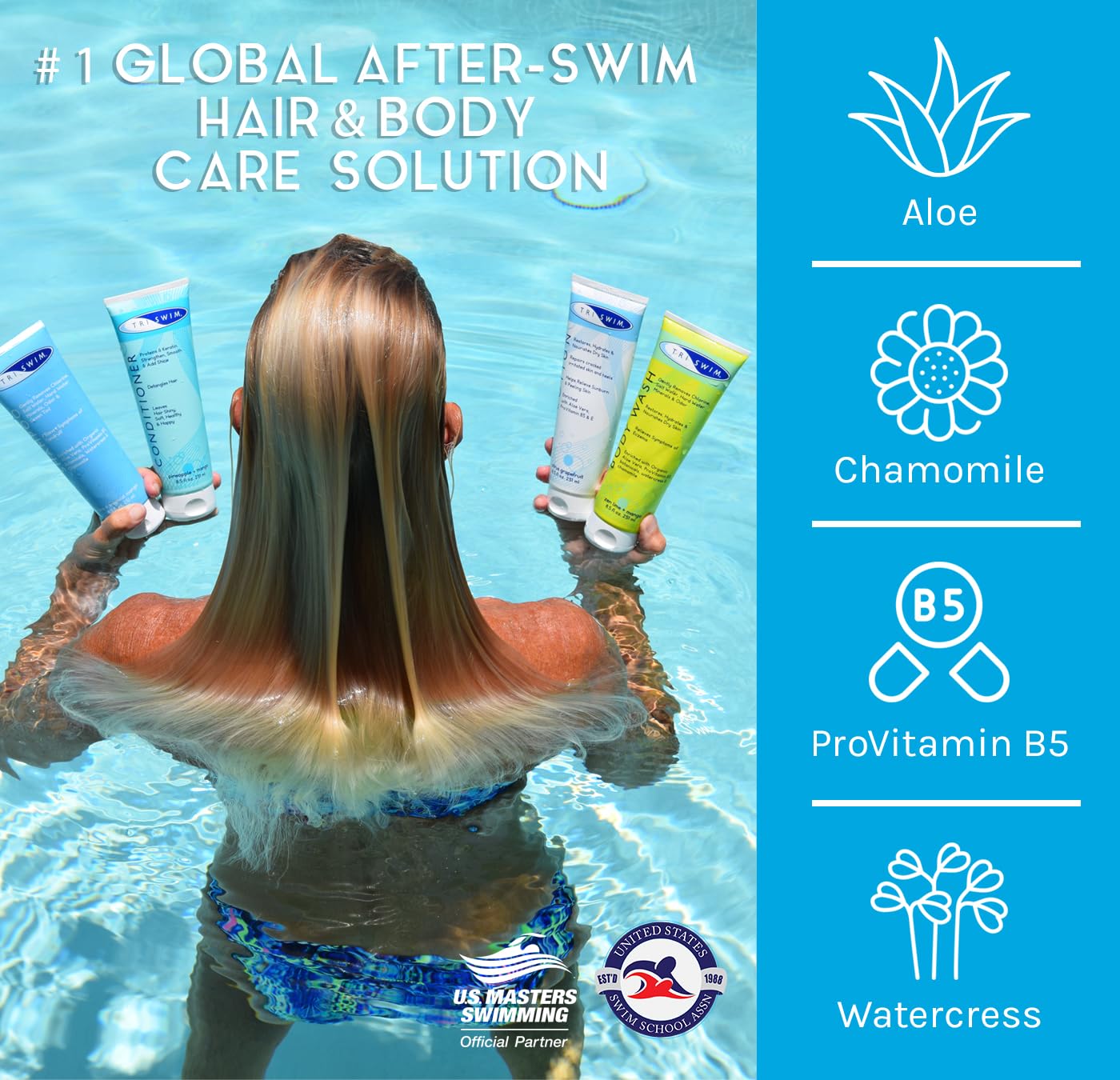 TRISWIM Shot Set in Travel Bag | 2oz Travel Size Chlorine Removal Shampoo, Swimmer’s Conditioner, Swim Body Wash and Lotion | Removes Chlorine, Bromine, Hard Water Minerals & Saltwater and odors