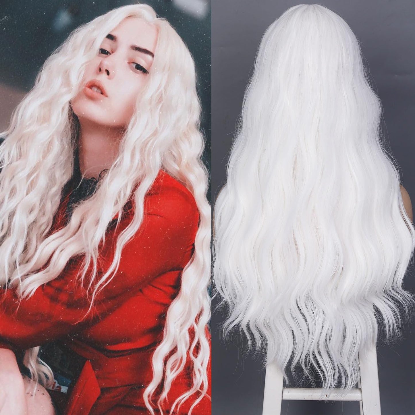 Fancy Hair Long White Wigs for Women White Long Curly Wavy Wig Middle Part Synthetic Wig White Wig for Daily Halloween Cosplay 24 Inches
