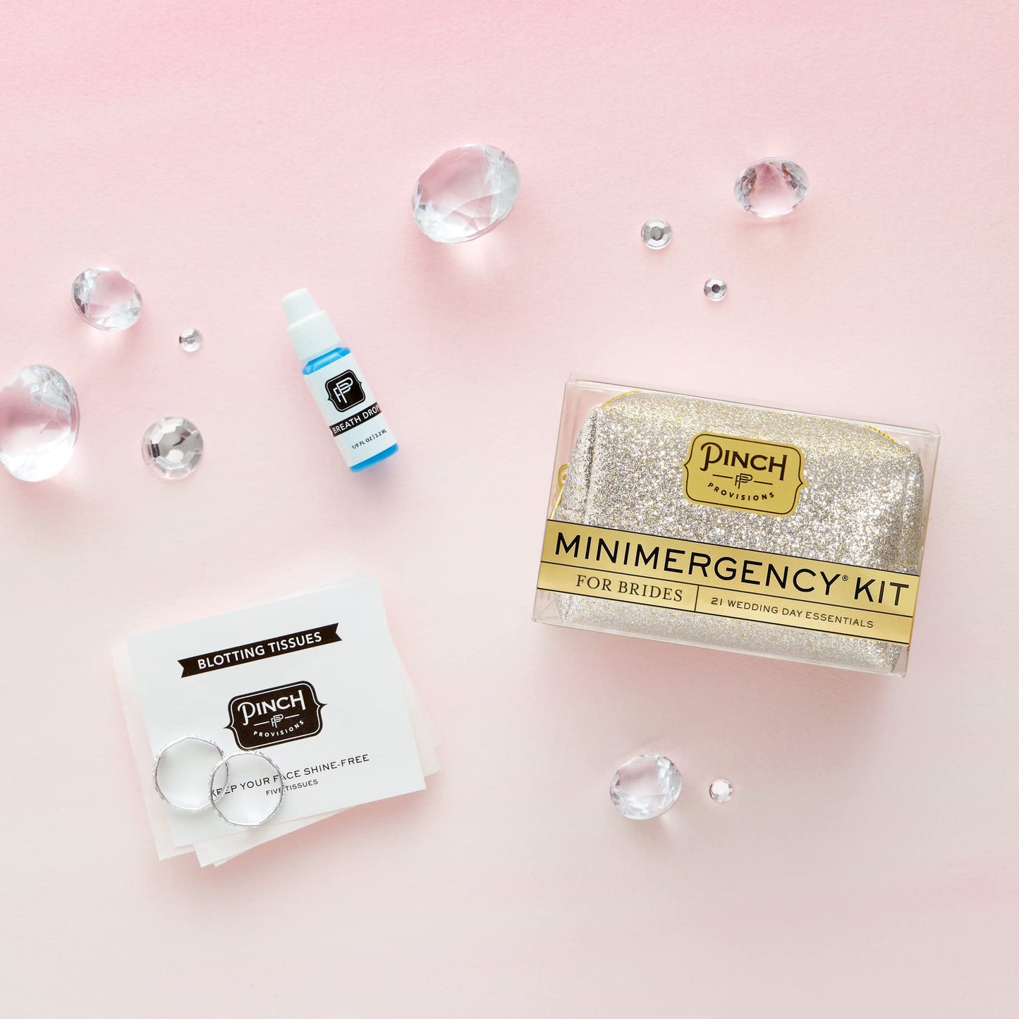 Pinch Provisions Champagne Glitter Minimergency Kit for Brides, Includes 21 Must-Have Essential Items for The Big Day, Compact, Multi-Functional Zipper Pouch, Perfect Survival Kit for Team Bride