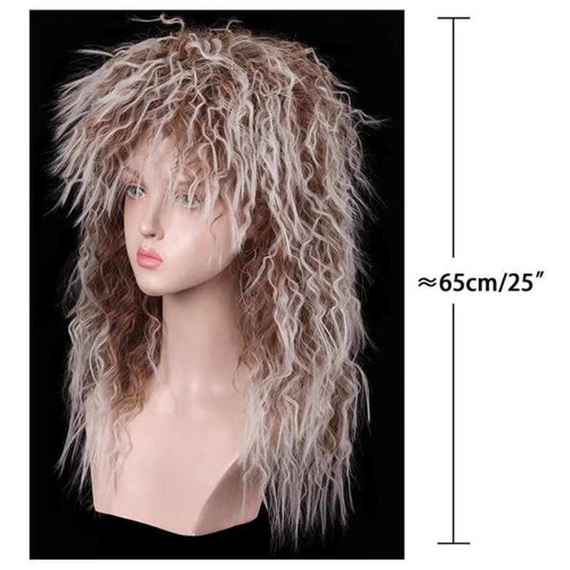 FantaLook Long Cruly 80s Wig with 2 Tattoo Sleeves for Women