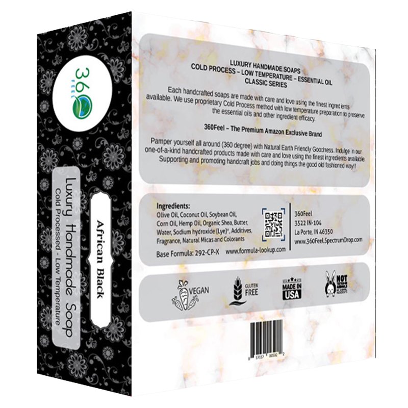 360Feel African Black Soap - Made in The USA - Castile Handmade, All-Natural, Cold-Processed - Infused with African Black Soap and a Soothing Scent - Rich, Creamy Lather (5 oz)