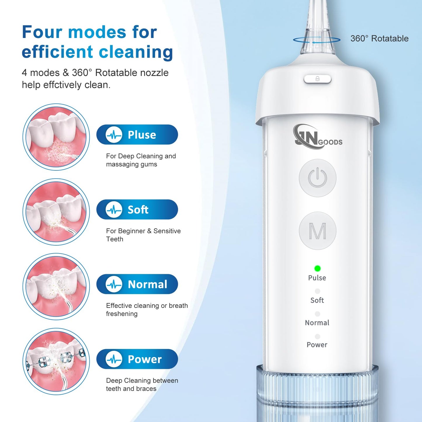 JNGOODS Mini Cordless Portable Water Flosser Oral Irrigator Water Teeth Cleaner Pick, Telescopic Water Tank, 4 Modes & IPX7 Waterproof, Home & Travel Water Flossers for Teeth, Braces Bridges Care.