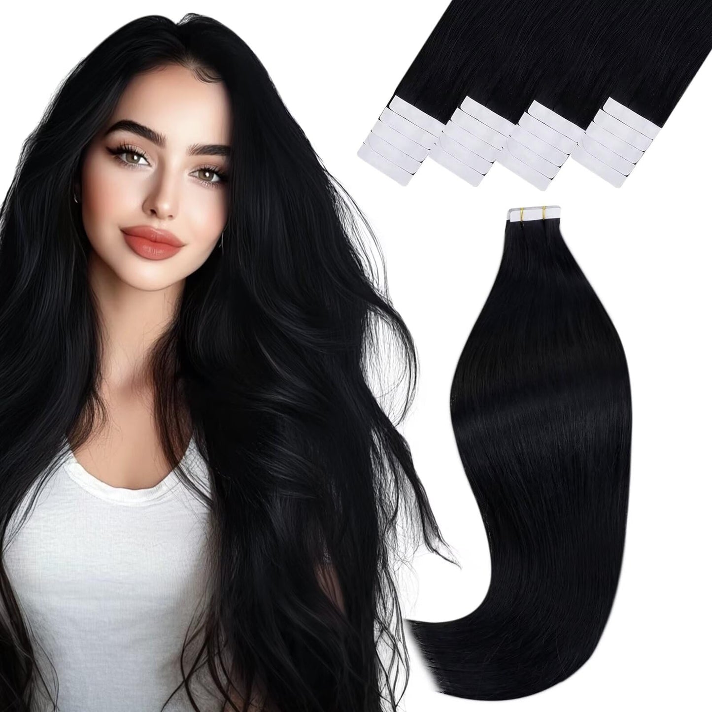 Vivien Black Tape in Hair Extensions Human Hair Jet Black Human Hair Extensions Tape in 12 Inch Remy Fashion Hair Tape in Human Hair Extensions Straight 20pcs 30G