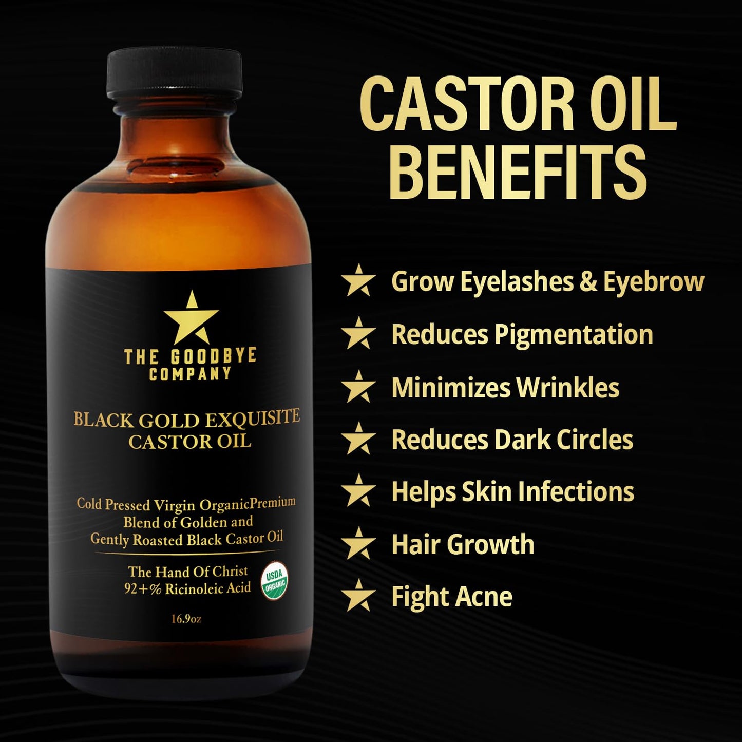 The Goodbye Company Jamaican Black & Gold Castor Oil Blend – USDA Organic, Cold-Pressed & Unrefined – Pure Hexane-Free Oil for Hair, Skin, Body, Eyelashes & Eyebrows