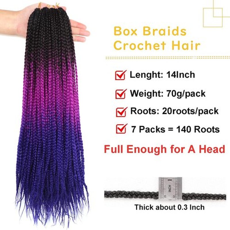 7 Packs Goddess Box Braids Crochet Hair 14 Inch Ombre Prelooped Crochet Box Braids Crochet Hair for Black Women Braiding Hair (14 Inch 7 Pack, 1B/Purple/Blue)