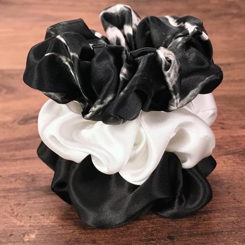 Celestial Silk Mulberry Silk Scrunchies for Hair (Black, Ivory, Black Marble)