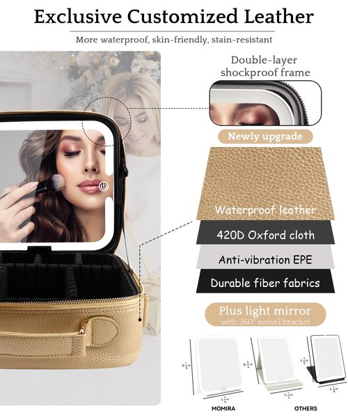 MOMIRA Travel Makeup Bag Cosmetic Bag with Lighted Mirror, Adjustable Brightness in 3 Color Scenarios/Detachable makeup mirror, 2024-All-round Upgrade, Waterproof, Gift for Women -Gold