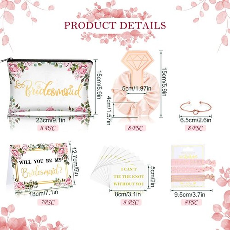 63 Pcs Bridesmaid Proposal Gifts Bulk Maid of Honor Gifts Matron of Honor Gifts Brides Bridesmaid Cosmetic Makeup Bag Hair Knotted Bracelets Invitation Cards for Wedding Bachelorette (Flower Style)