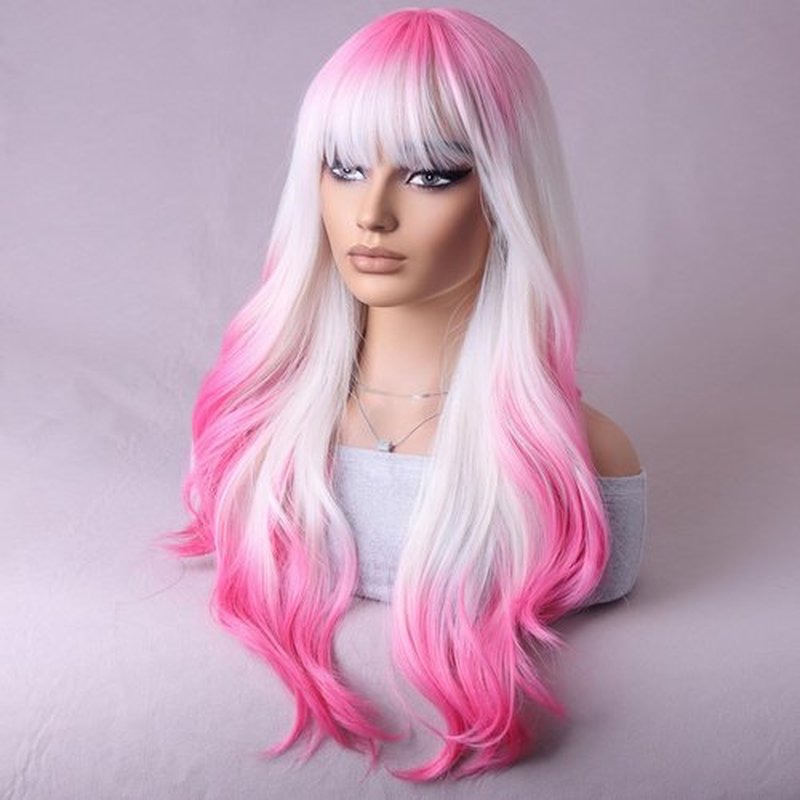 BERON Pink and White Long Wigs Curly Wavy Women's Wigs with Bangs Pink White Ombre Colorful Heat Resistant Synthetic Wigs for Cosplay or Daily Wigs Wig Cap Included