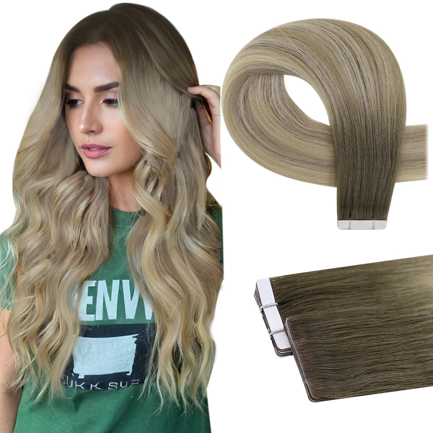 Full Shine Insert Tape in Hair Extensions Color 4/7/80 Medium Brown and Blonde Seamless Virgin Human Hair Tape in Extensions 20Inch Soft Straight Human Hair Extensions Tape in 25Gram 10Pcs for Wedding