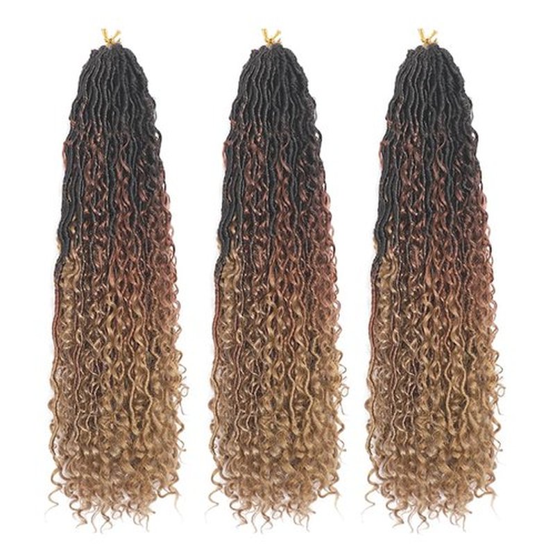 BALINGHAIR Goddess Locs Crochet Hair Ombre Black to Brown to Light Brown 22 Inch 3 Packs Bohemian Faux Locs Crochet Hair With Curly Ends Pre Looped Hair Extensions 16 Roots/Pack(1B/30/27)