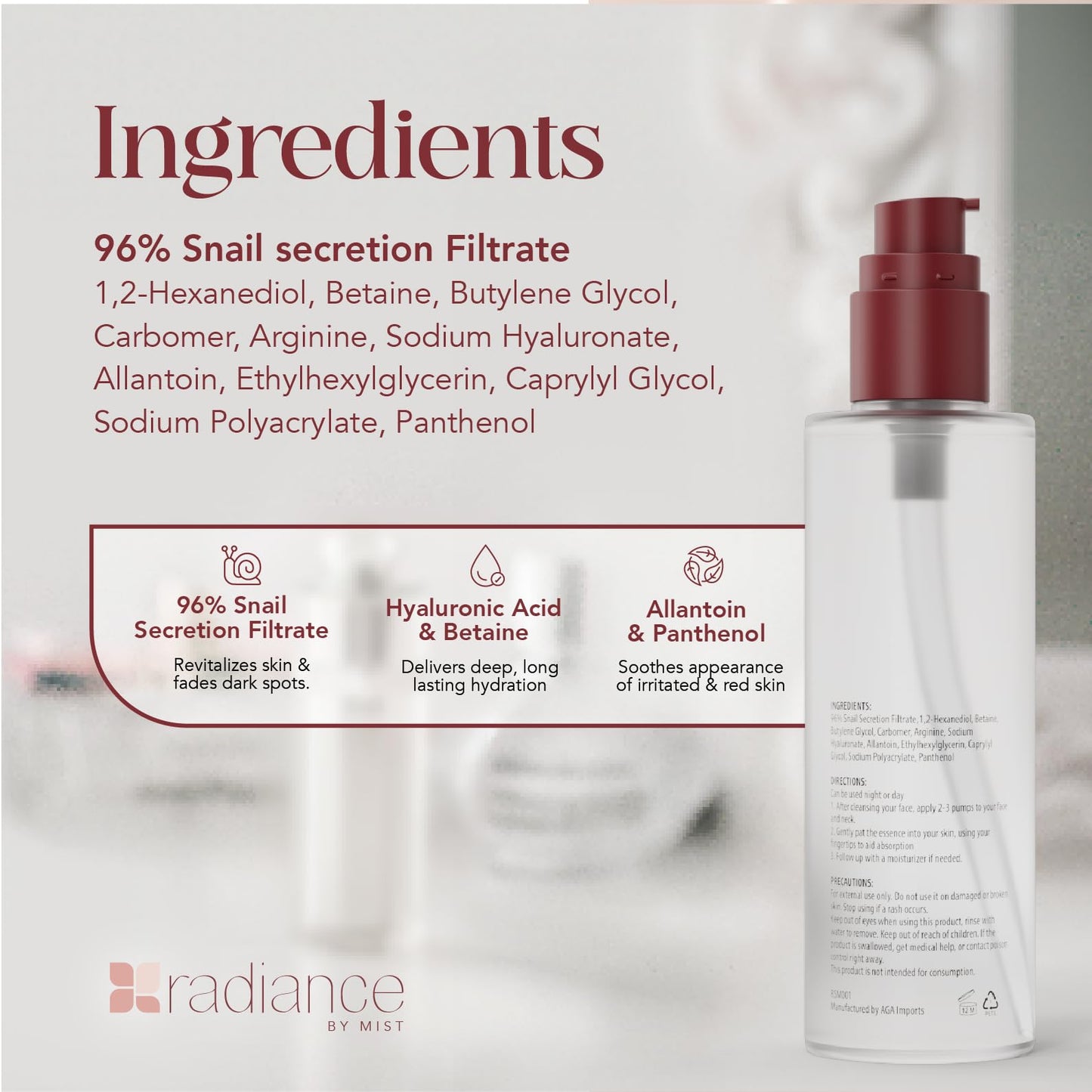 Radiance Snail Mucin Serum with Advanced Snail 96% Mucin Power Essence, Korean Skin Care with Hydrating Hyalauronic Acid Korean Serum, 3.38 fl oz, 100ml