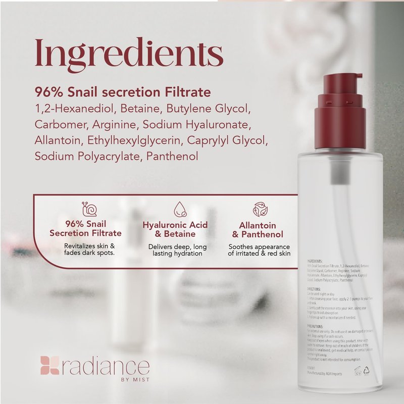 Radiance Snail Mucin Serum with Advanced Snail 96% Mucin Power Essence, Korean Skin Care with Hydrating Hyalauronic Acid Korean Serum, 3.38 fl oz, 100ml