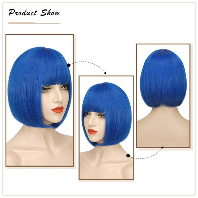 SOFEIYAN Short Straight Bob Wigs with Bangs 11 inch Synthetic Daily Party Cosplay Hair Wig for Black Women, Dark Blue