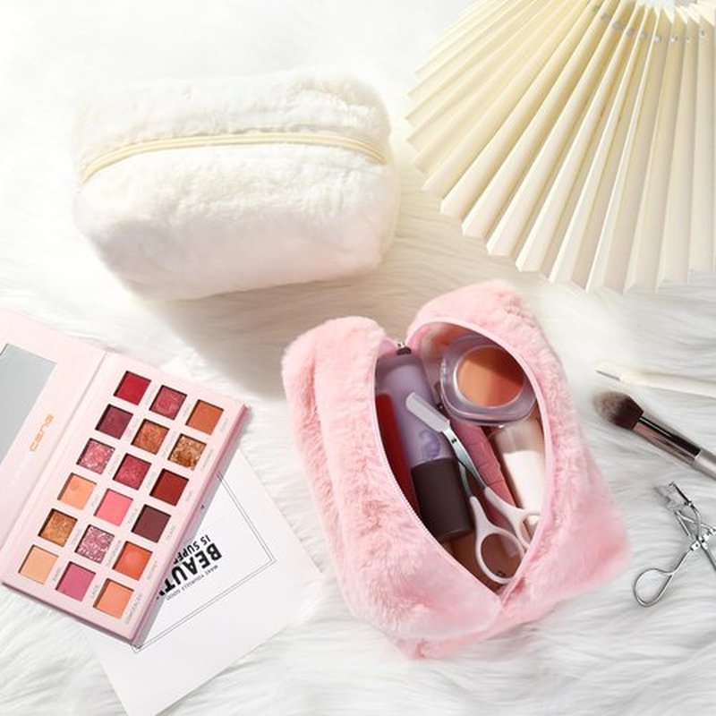 SOIDRAM 2 Pieces Makeup Bag Cute Cosmetic Bag Plush Pink White Makeup Pouch Coquette Travel Toiletry Bag Organizer Fluffy Makeup Brushes Puffy Storage Bag for Women