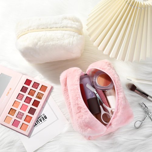 SOIDRAM 2 Pieces Makeup Bag Cute Cosmetic Bag Plush Pink White Makeup Pouch Coquette Travel Toiletry Bag Organizer Fluffy Makeup Brushes Puffy Storage Bag for Women