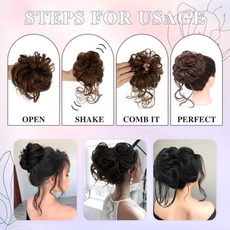 HSLHDI Messy Bun Synthetic Hairpiece for Women and Girls - Short Tousled Scrunchie Hair Piece (1-5pcs, 2#-Light Black)