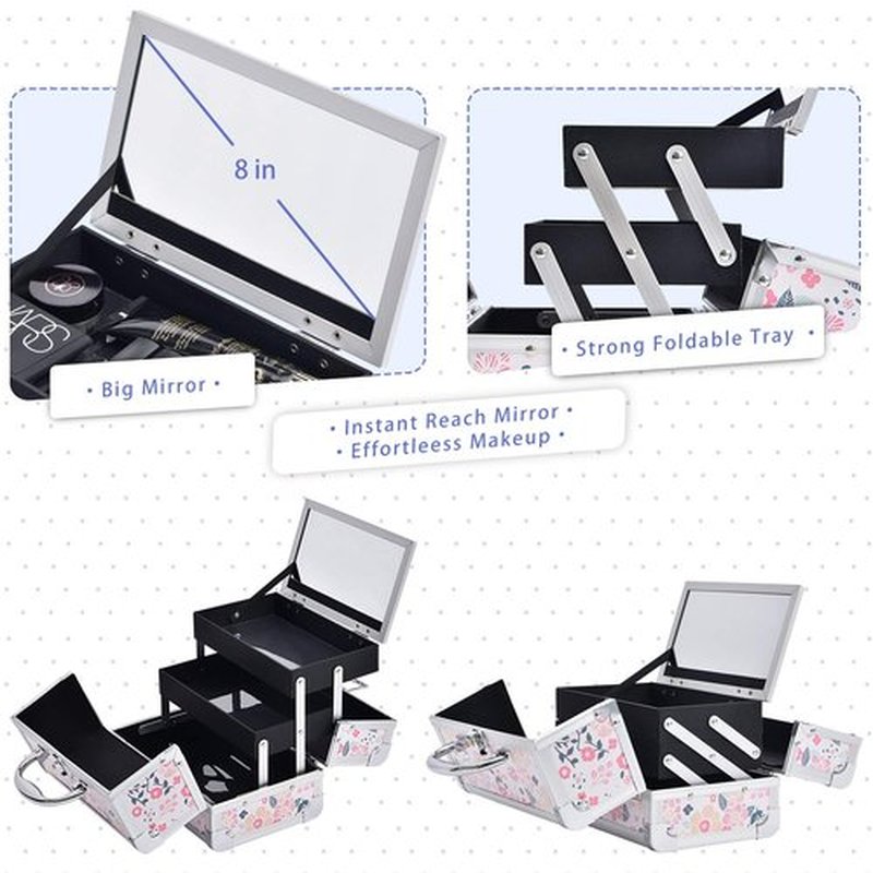 Joligrace Makeup Box Cosmetic Train Case Jewelry Organizer Lockable with Keys and Mirror 2-Tier Tray Portable Carrying Travel Storage Box for Girl - White Floral