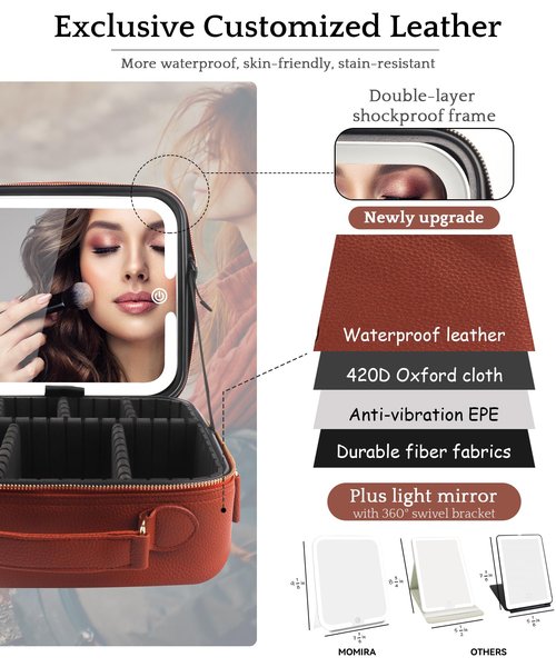 MOMIRA Travel Makeup Bag Cosmetic Bag with Lighted Mirror, Adjustable Brightness in 3 Color Scenarios/Detachable makeup mirror, 2024-All-round Upgrade, Waterproof, Gift for Women -Red Brown