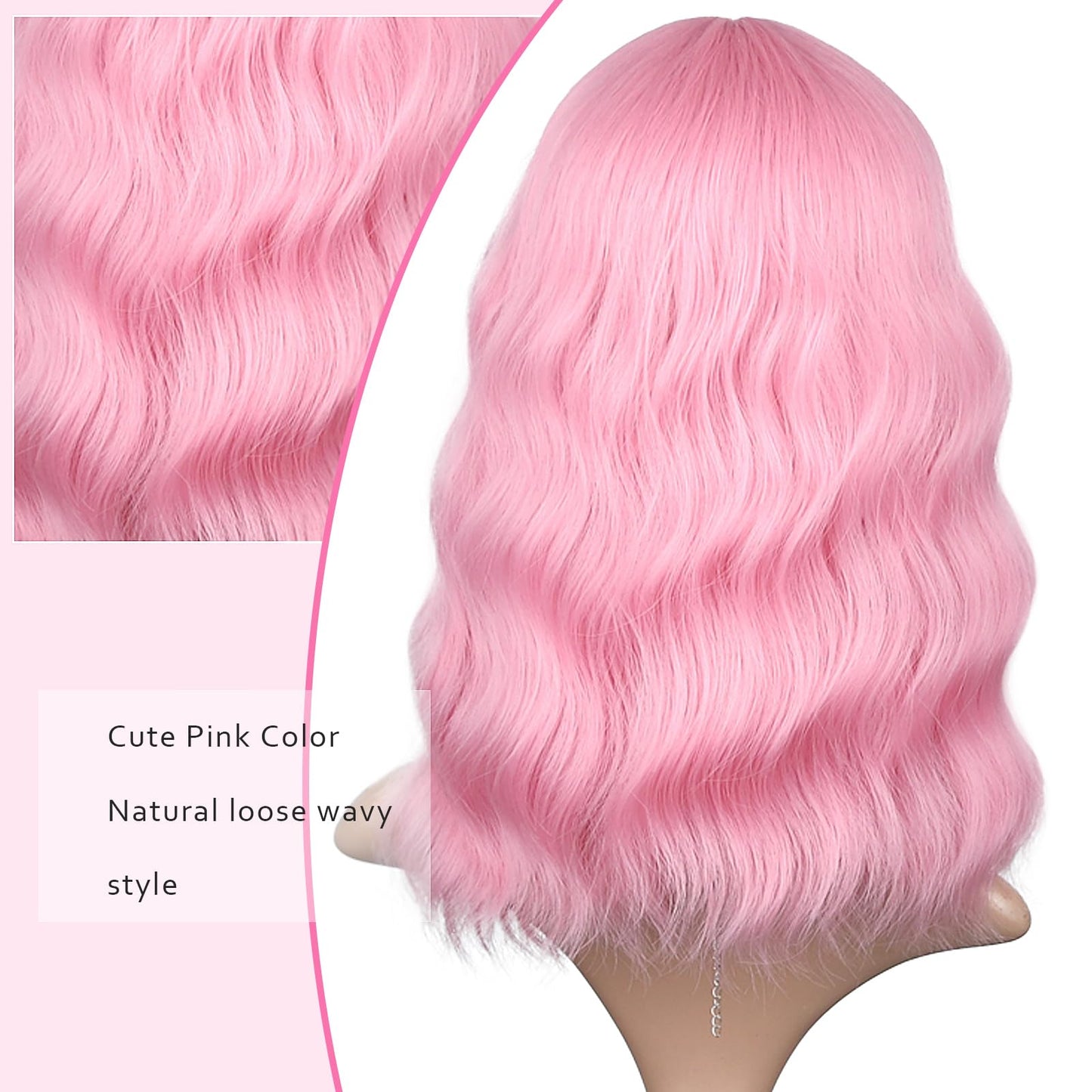 BEAUTIFA Pink Wig for Women Wavy Curly Light Pink Bob Wigs Middle Part 14 Inch Shoulder Length Heat Resistant Synthetic Colorful Wig