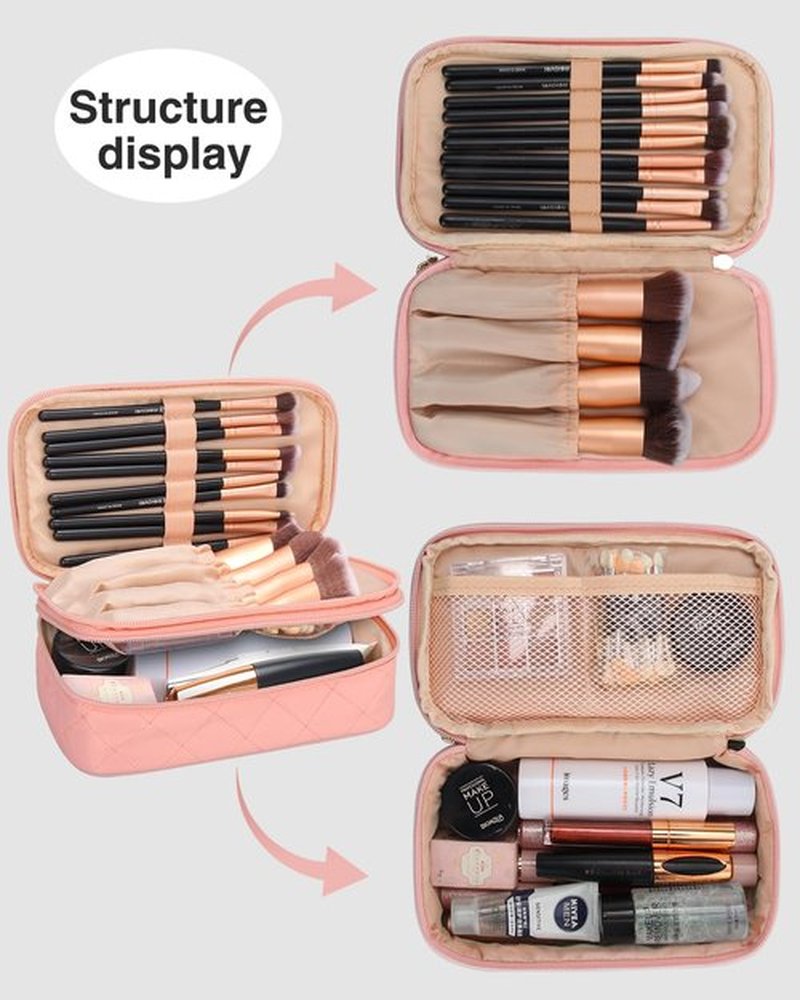 Relavel Small Makeup Bag, Small Travel Makeup Bags for Women, 2-layer Cosmetic Bag Makeup Purse with Brush Holder Compartment, Waterproof Makeup Organizer Storage (Pink)