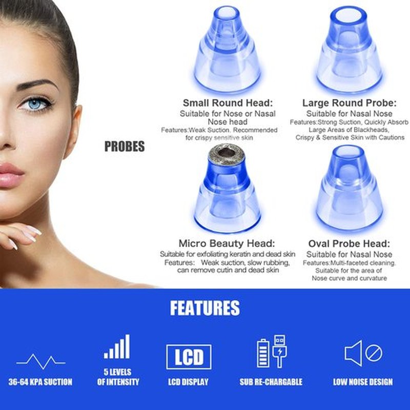 Blackhead Remover Pore Vacuum, Face Suction Pore Cleaner, 5 Suction Power Electric Blackhead Suction Remover, Extractor Tool, 4 Probes for Women & Men (Blue)