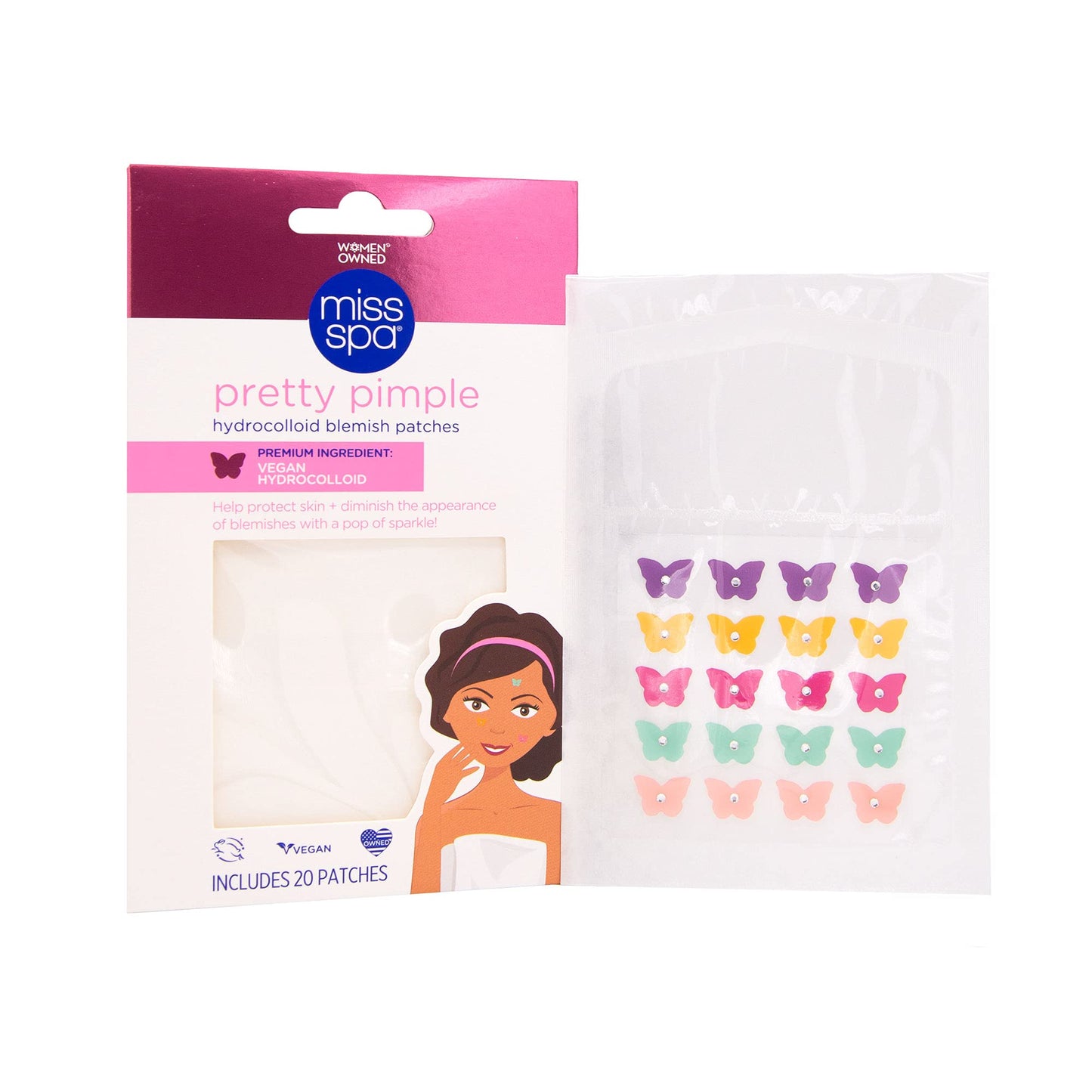 Miss Spa Blemish Patches, Hydrocolloid Acne Pimple Patches, Colorful Butterfly Vegan Hydrocolloid Absorbing Acne Patches, Face & Body Pimple Patches 4 Packs (80 Count)