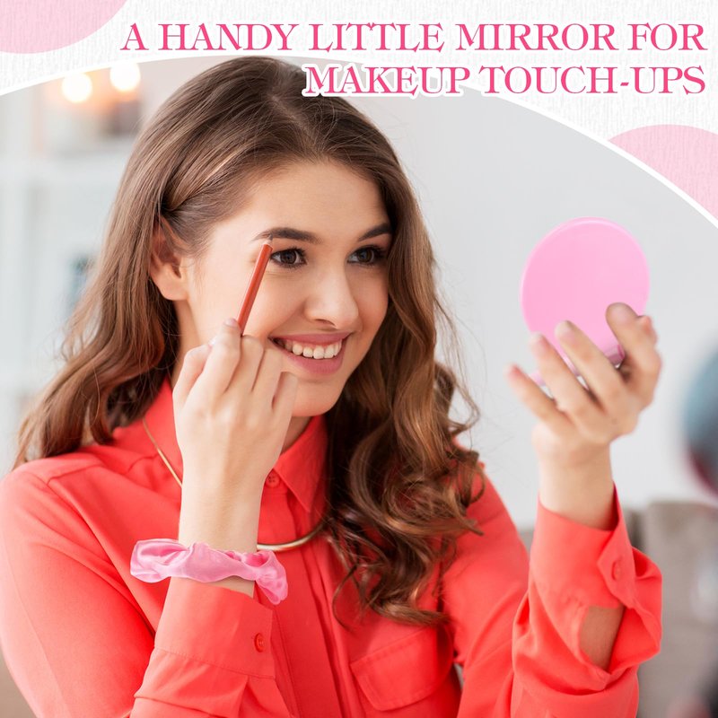 Norme 48 Pcs Mini Pink Compact Folding Mirror and Scrunchies Set for Women 24 Small Travel Round Pocket Makeup Mirror 24 Satin Hair Scrunchie for Graduation Party Favor Coworker Nurse Gift(Pink)