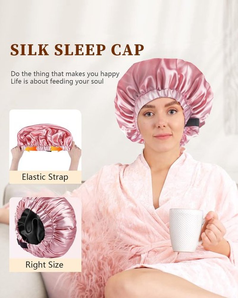 Years calm Silk Bonnet for Sleeping Women, Double Layer Soft Ajustable Elasticity Band Satin Bonnet for Sleeping Hair - Sleep Shower Caps (Pink, One Size)