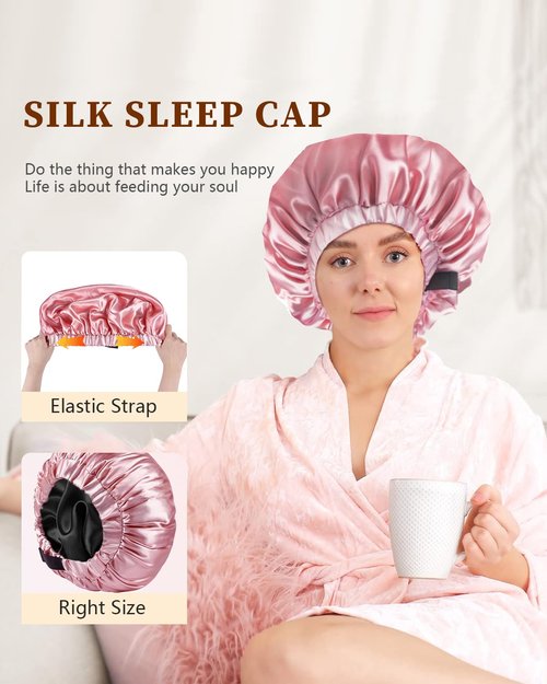 Years calm Silk Bonnet for Sleeping Women, Double Layer Soft Ajustable Elasticity Band Satin Bonnet for Sleeping Hair - Sleep Shower Caps (Pink, One Size)
