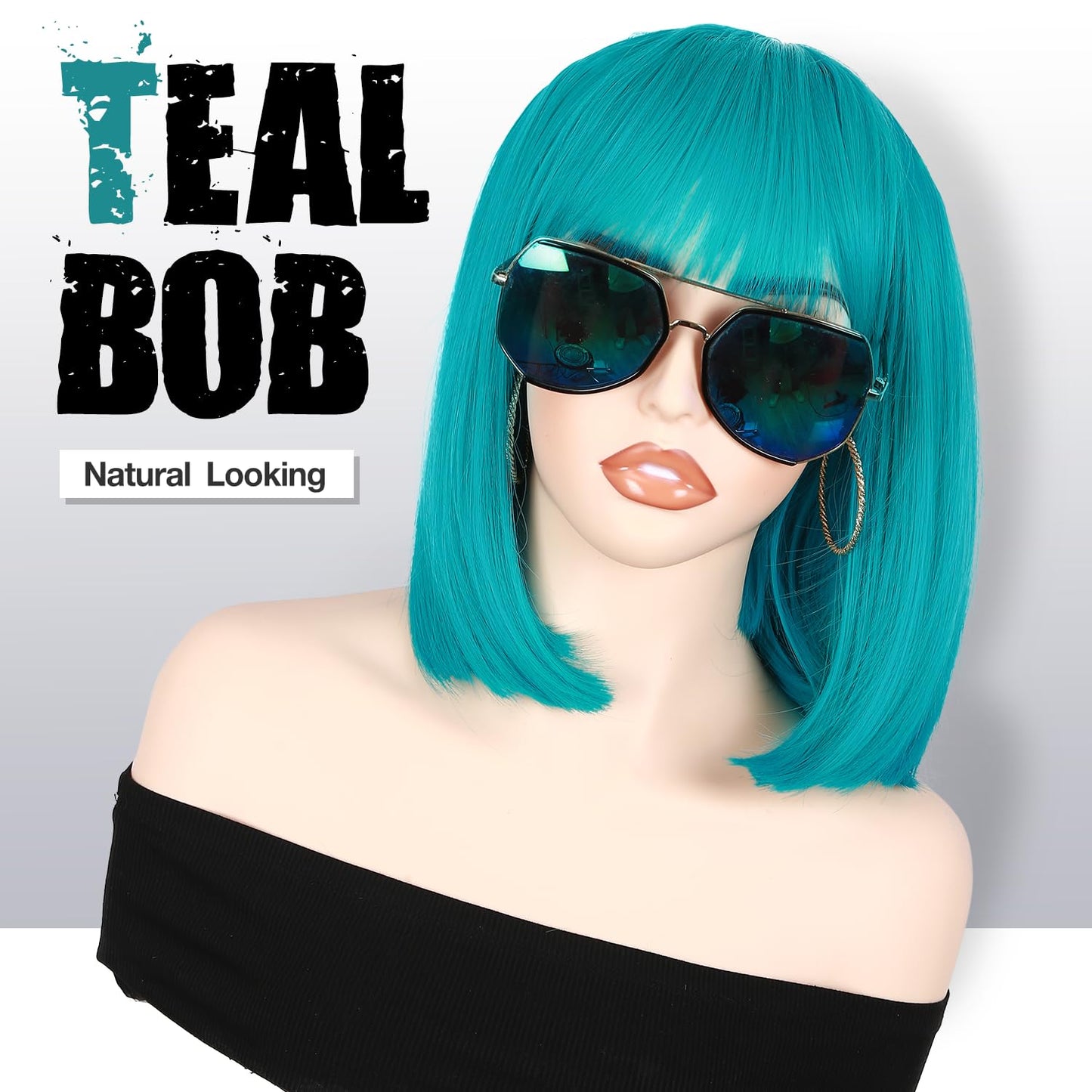 Fancy Hair Teal Bob Wig with Bangs Short Straight Turquoise Bob Wig Synthetic Vibrant Teal Blue Cosplay Bob Wig for Women 12 Inches