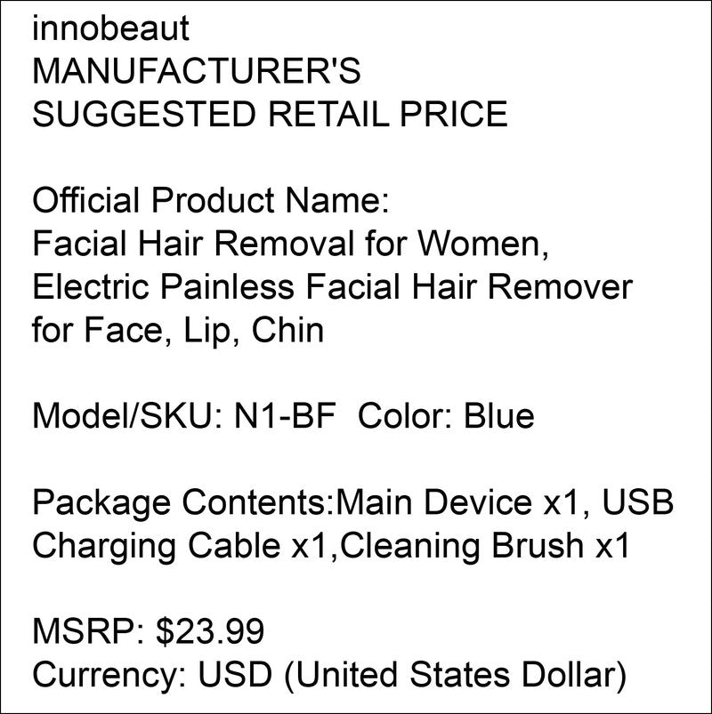 innobeaut Facial Hair Removal for Women, Electric Painless Facial Hair Remover for Face, Lip, Chin with USB Rechargeable, Blue(Device Only)