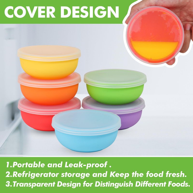KOLUTI Nonstick Silicone 2oz Pinch Bowls Set of 6, Mini Colorful Condiment Sauce Dip Prep Bowl with Lid, Snack Serving Food Storage Mixing Containers for Side Dish, Microwave & Freezer Safe