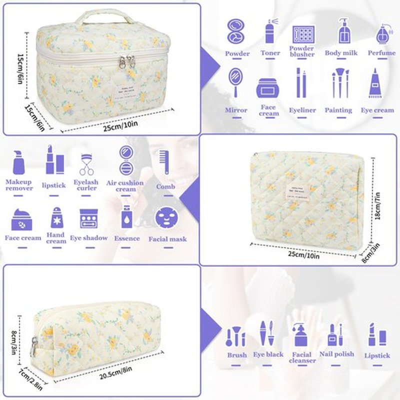 Makeup Bag Set, Quilted Makeup Bag, Large Floral Cosmetic Bag for Women, Cute Cotton Makeup Bag, Flower Travel Toiletry Organizer Bag (Yellow Daylily)
