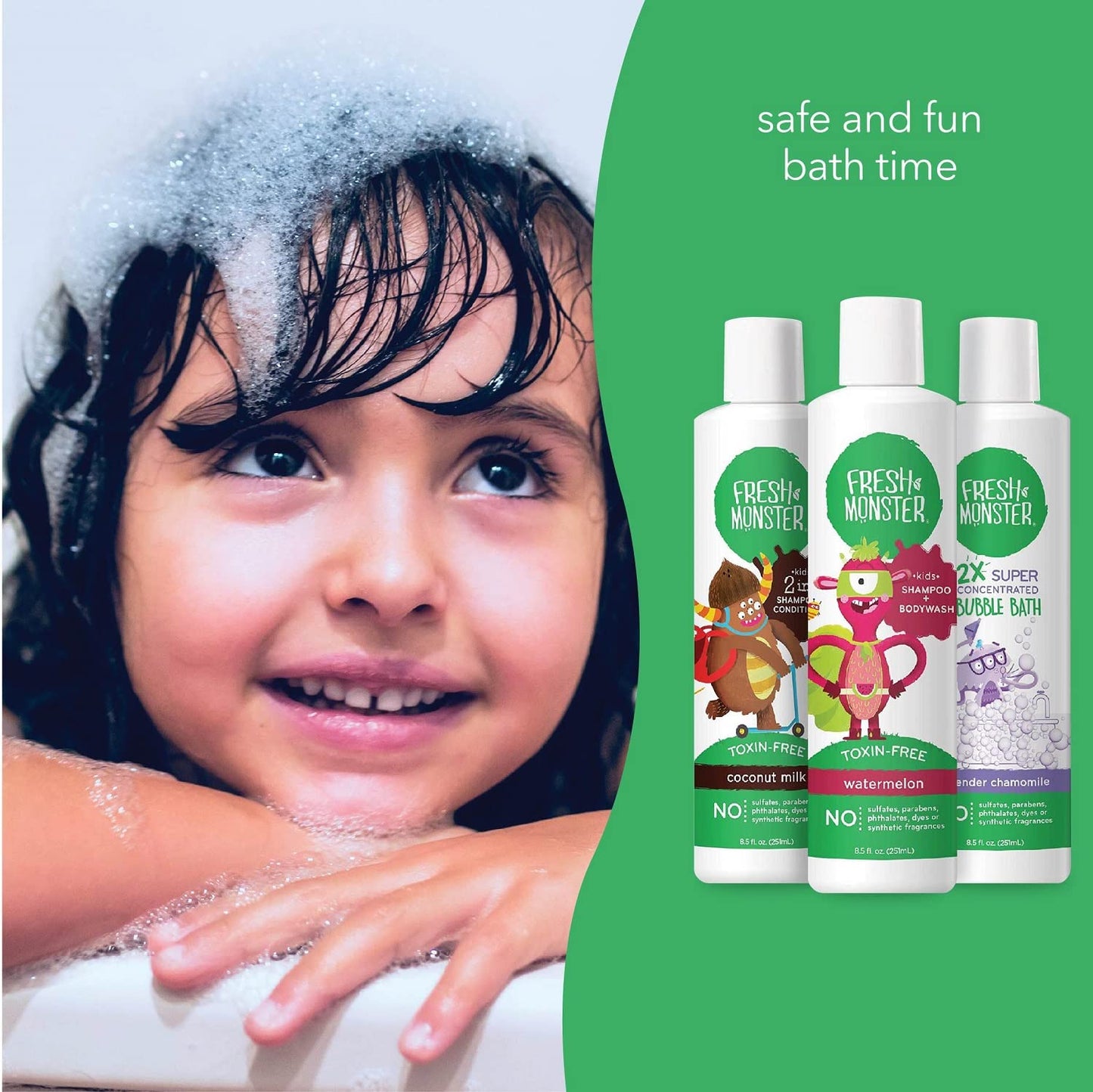 Fresh Monster Kids Bath Gift Set - Natural Shampoo, Conditioner, Body Wash & Bubble Bath (8.5 oz)