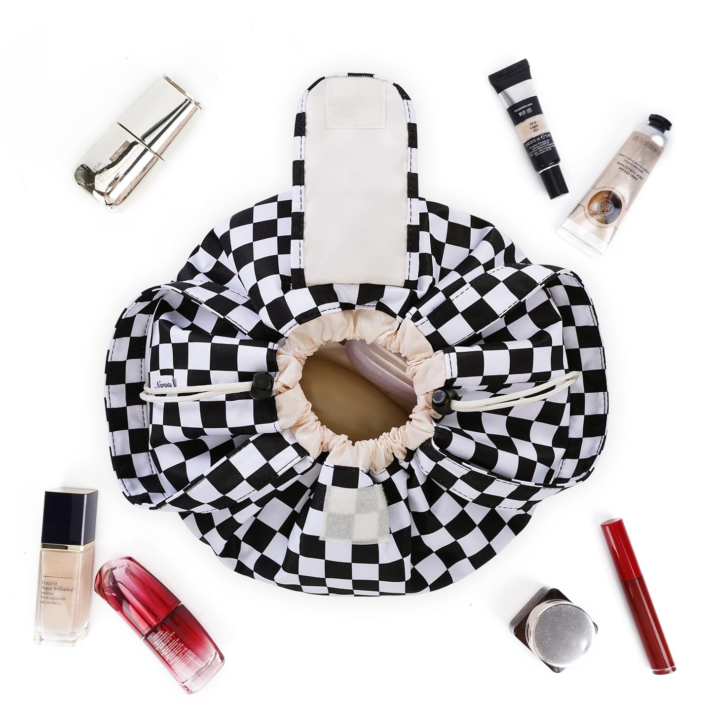 Narwey Barrel Drawstring Checkered Makeup Bag Large Cosmetic Bag Make up Bags Toiletry Bag Travel Bags for Toiletries Organizer for Women Gift for Teen Girls (Black Checkerboard) (Patent)