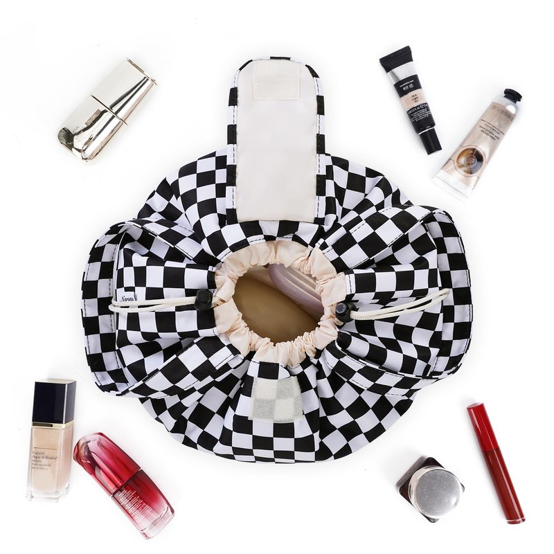 Narwey Barrel Drawstring Checkered Makeup Bag Large Cosmetic Bag Make up Bags Toiletry Bag Travel Bags for Toiletries Organizer for Women Gift for Teen Girls (Black Checkerboard) (Patent)