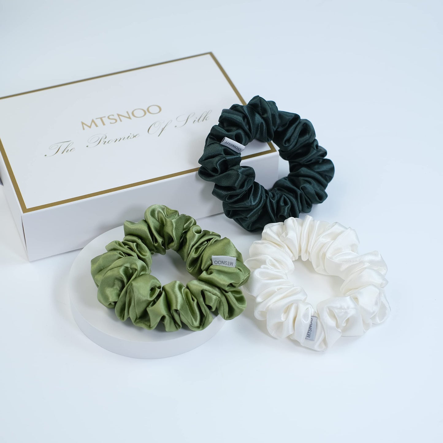 MTSNOO Silk Scrunchies, 3 Pack - 100% Pure 22 Momme Mulberry Silk Scrunchies for Curly Hair with Elastic Band, Silk Hair Ties Ropes Scrunchies Set for Women Girls, Dark Green+Olivine+White