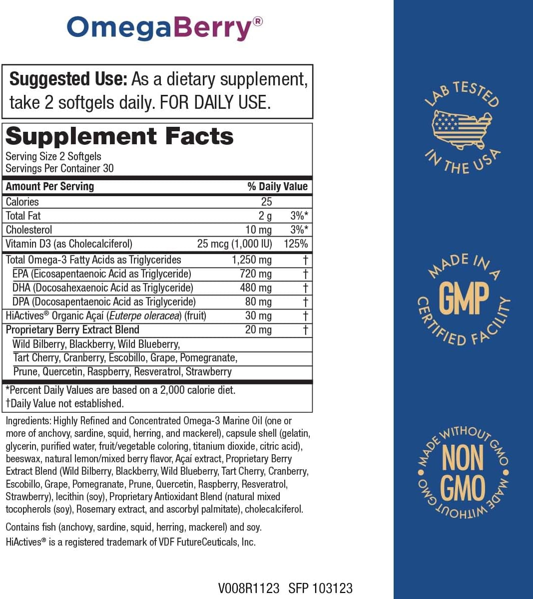 Purity Products OmegaBerry Fish Oil with Vitamin D3 and Organic Acai - 1250mg Concentrated Molecularly Distilled Ultra Pure Omega-3 Fish Oil, 500mg DHA + 650mg EPA - 60 Soft Gels - 30 Day Supply from