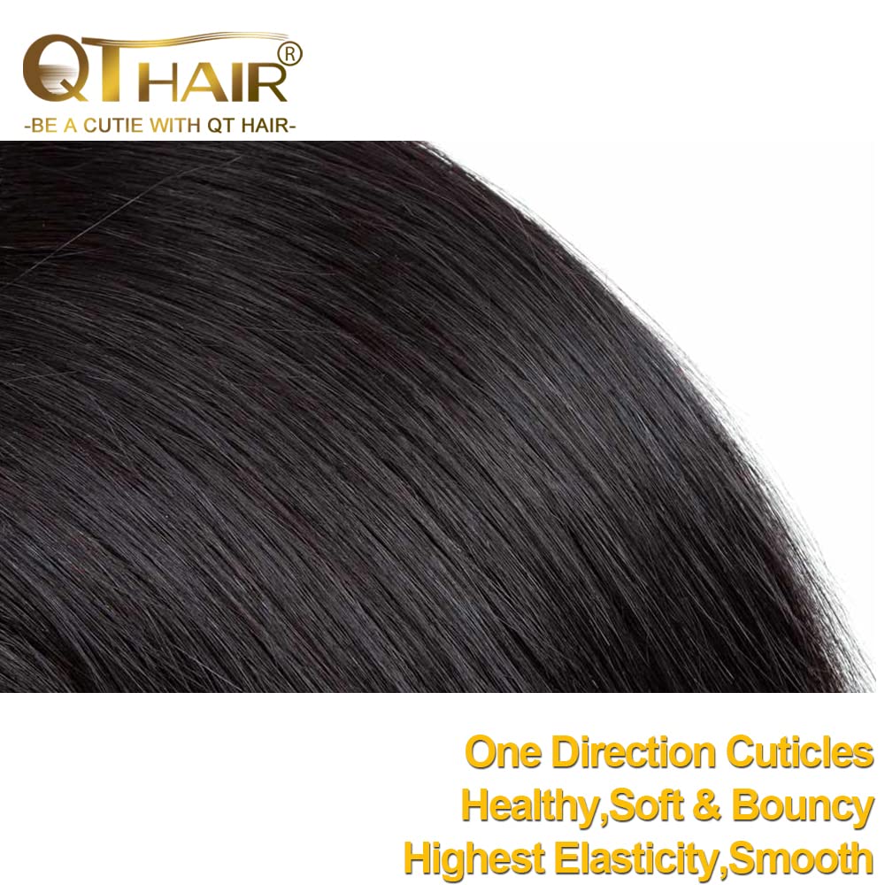 QTHAIR 14A Virgin Brazilian Straight Human Hair Extensions (14 16 18 inch,300g) 100% Unprocessed Brazilian Virgin Human Hair Weave Straight Hair Bundles Natural Color