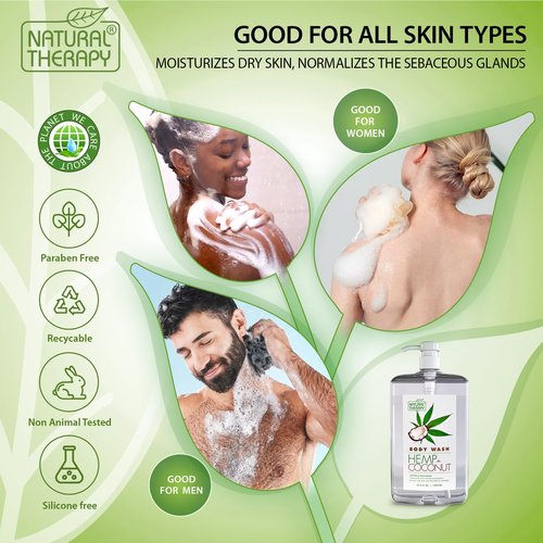 Natural Therapy Body Wash for Women and Men with Hemp & Coconut Oils - Shower Gel Cleanses and Moisturizing Skin - With Pure Dead Sea Minerals Nourish for Body - Pack of 2 (67.6 fl.oz)