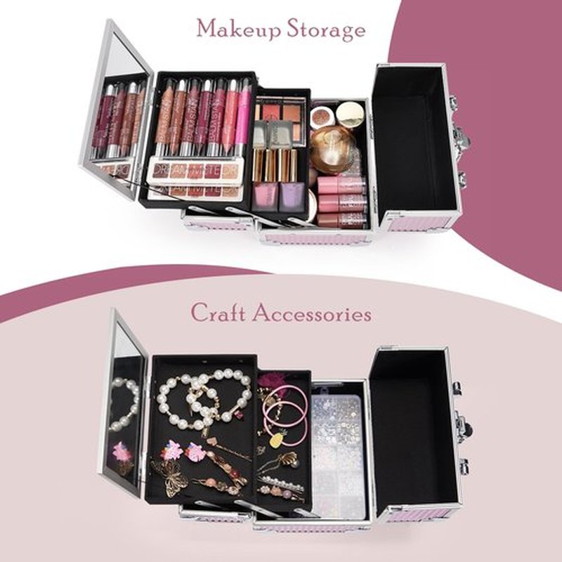 Joligrace Makeup Train Case Portable Cosmetic Box Jewelry Organizer Lockable with Keys and Mirror 2-Tier Trays for Makeup Artists Craft Nail Kits Sewing Box Traveling Makeup Storage Case Pink