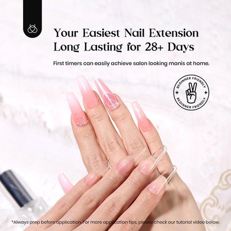 Beetles Gel Nail Kit 600Pcs Long Coffin Nail Tips with Pink Gel Polish Top Coat,15 Sizes Beetles Gel X Soft Clear Press on Nails 5 In 1 Nail Glue Uv Nail Lamp Easy Nail Extension Set for Women