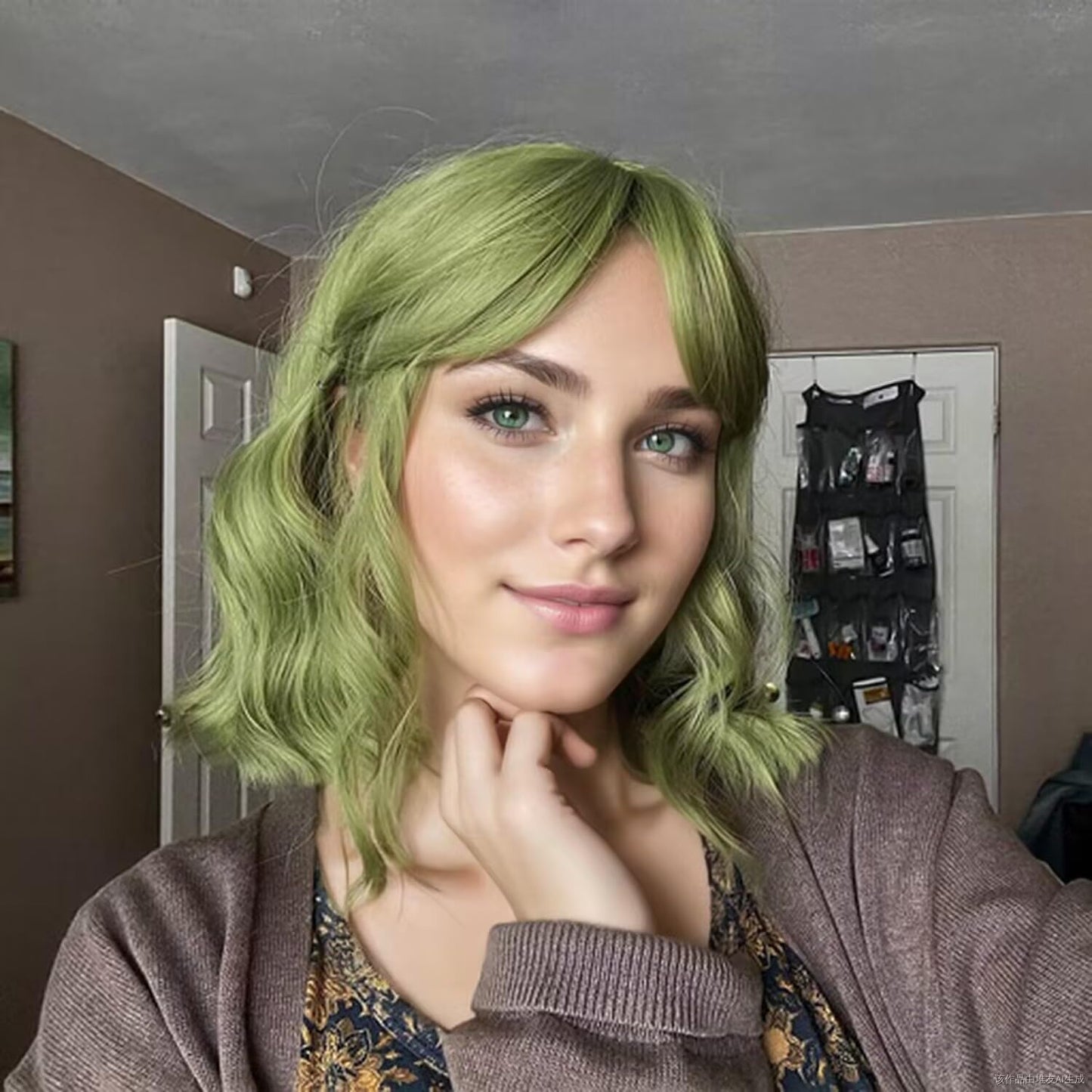 VCKOVCKO Natural Wavy Wig With Air Bangs Short Bob Matcha Green Wigs Women's Shoulder Length Wigs Curly Wavy Synthetic Cosplay Wig Pastel Bob Wig for Girl Colorful Wigs(12", Matcha Green)