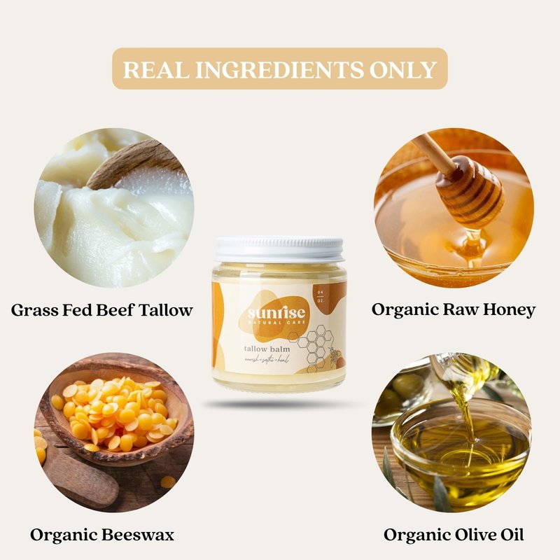 Sunrise Natural Care Unwhipped Honey and Tallow Balm - Body and Face Moisturizer - 100% Grass Fed Beef Tallow - 4 ounces - Lavender + Vanilla