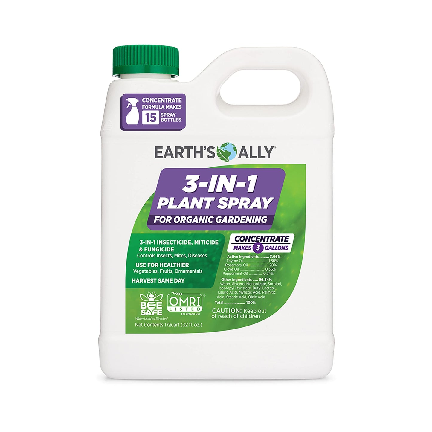 Earth's Ally 3-in-1 Insecticide, Miticide, Fungicide for Plants - Copper Fungicide & Neem Oil Spray Alternative - Insect Repellent & Pest Control for Indoor Outdoor Organic Gardening - 32 Oz Conc.