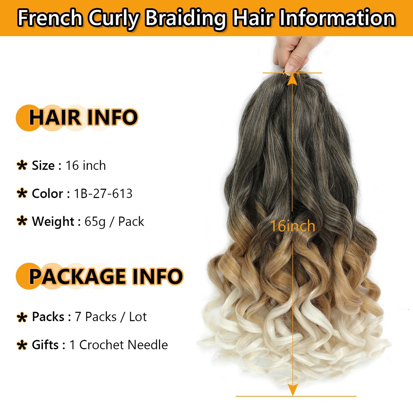 French Curl Braiding Hair Pre Stretched 16 Inch Braiding Hair 1B/27/613 Loose Wavy Pre Streched Braiding Hair for Black Women (16 Inch(7Packs), 1B/27/613)
