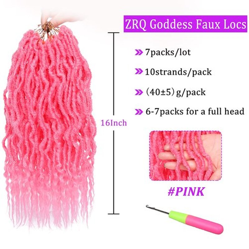 ZRQ 7Packs Faux Locs Crochet Hair Goddess Locs Crochet Hair 16 Inch Pink Pre-Looped Wavy Crochet Locs With Soft Curly Ends Synthetic Braids Afro Dreadlock Extensions For Women (16'', PINK#)
