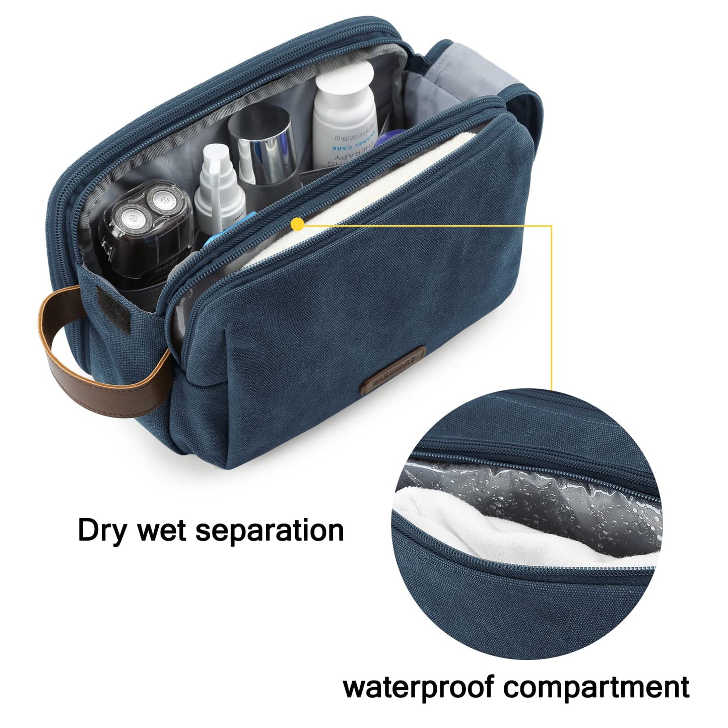 BAGSMART Toiletry Bag for Men, Canvas Travel Toiletry Organizer Dopp Kit Water-resistant Shaving Bag for Toiletries Accessories,Navy Blue-Medium